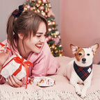 E-Clover Red Blue Dog Bandanas & Matching Scrunchie Set Plaid Dog Scarf Bibs Pet Handkerchief for Small Dogs Puppy Owner Gifts