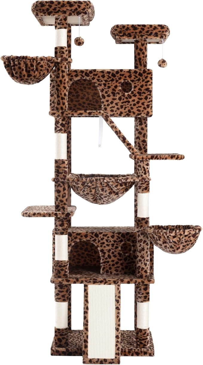 WEEWAY Cat Tree Tower for Indoor Cats,81'' Multi-Level Cat Furniture Activity Center,Stand House Condo Cave,Sisal Scratching Posts Ramps,Plush Perches Platforms Basket Hammock,Leopard Print