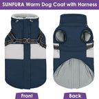 SUNFURA Dog Coat, XXL Dog Jacket Winter with Harness Built in, Waterproof Pet Snow Jacket with Furry Collar for Chilly Day, Reflective Fleece Snowsuit for Extra Large Dogs, Navy Blue 2XL