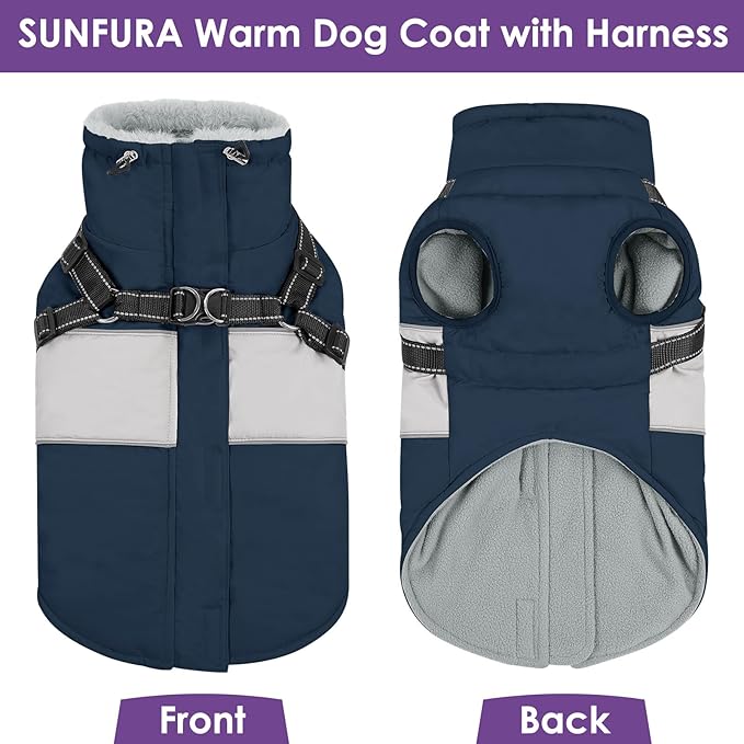 SUNFURA Dog Coat for Large Dogs, Warm Pet Jacket Winter with Harness Built in, Waterproof Pet Snow Jacket with Furry Collar, Reflective Fleece Snowsuit for Extra Large Dogs, Navy Blue XL