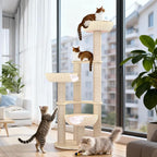 Tinnmao 53'' Solid Wood Cat Tree for Large Cats, Natural Sisal Scratching Post, Hand Woven Rattan Basket, High-end Luxury Design with Washable Plush Pad, Easy to Clean