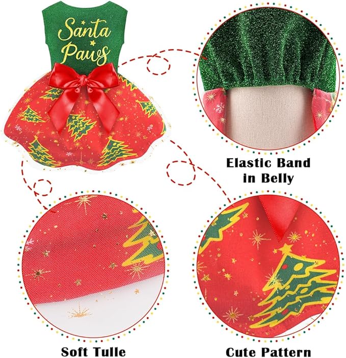 Dog Christmas Outfit Cute Dog Christmas Dress with Bowknot Tulle Puppy Clothes for Small Medium Dogs Cats Boys Girls Pet Costume