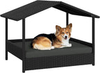 Yaheetech Wicker Dog House Outdoor Indoor with Canopy, Elevated Dog Shelter Dog Bed with Cushion for Small/Medium Dogs, Shade for Deck, Patio, Yard, Pool, Black House, Gray Cushion