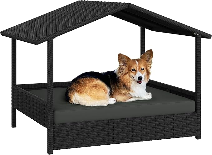 Yaheetech Wicker Dog House Outdoor Indoor with Canopy, Elevated Dog Shelter Dog Bed with Cushion for Small/Medium Dogs, Shade for Deck, Patio, Yard, Pool, Black House, Gray Cushion