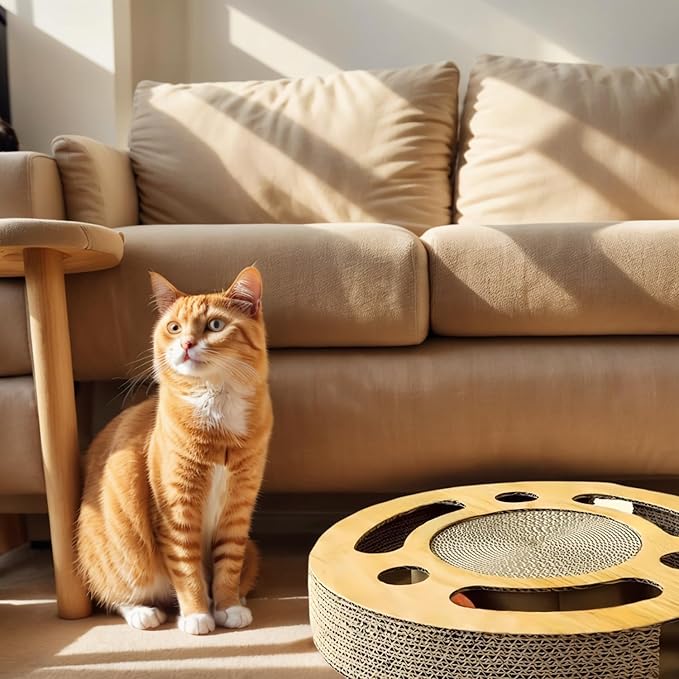 3-in-1 Cat Scratcher Toy, 13 Inch Round High-Density Corrugated Paper Puzzle Mat & Lounge for Indoor Cats, Reinforced Scratch-Resistant Board for Furniture Protection（Wood Color）
