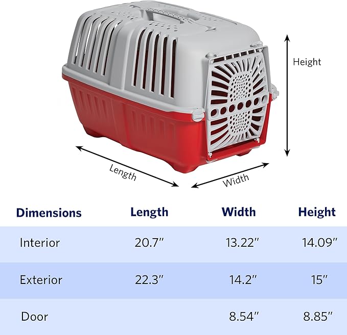MidWest Homes for Pets Spree Travel Carrier - Hard-Sided Dog & Cat Carrier, Small Pet Travel Crate with Handle, Ventilated Design, Durable Plastic Door, Easy Assembly, 22-Inch, Red