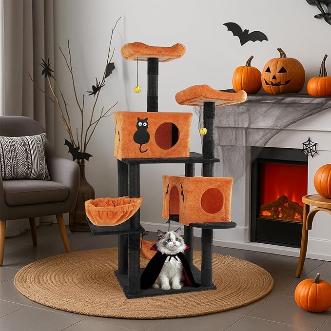Outvita Halloween Cat Tree,61" Large Cat Tower with 2 Spacious Cat Condos, 2 Padded Perches, 2 Hammocks, Scratching Posts, Hanging Toy, Multi-Level Cat Activities Furniture, Orange & Black