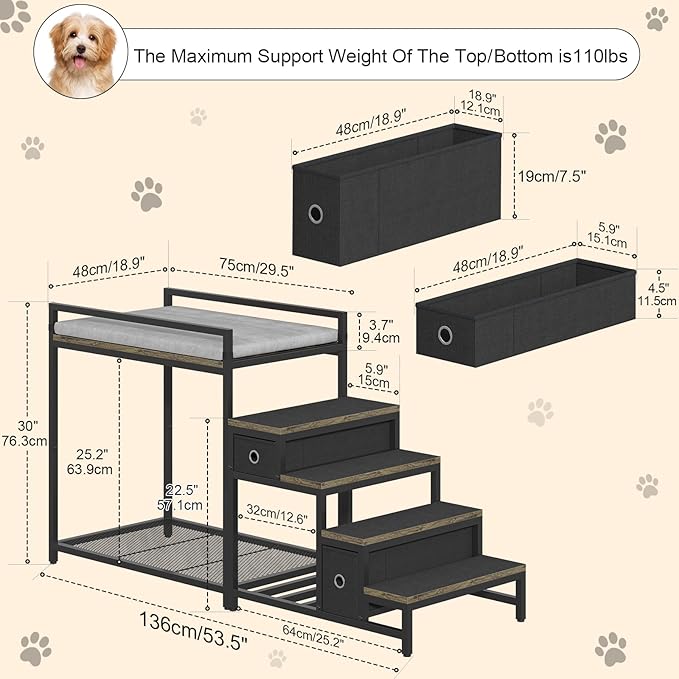 Pet Bunk Bed with Removable Stairs and 2 Drawers, Dogs/Cats Window Perch, Dog Window Seat with Soft Cushion, Ultra-Shallow Steps, Sturdy Metal Frame, Non-Slip, Load Capacity 60 LBS