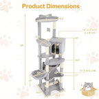 PETSITE 69 Inch Tall Cat Tree, Multi-Level Grey Cat Tower with Sisal Scratching Posts, Cat Condo, Basket Bed, Hammock, Basket Bed, and Hanging Toys, Modern Cat Tree Tower for Indoor Cats