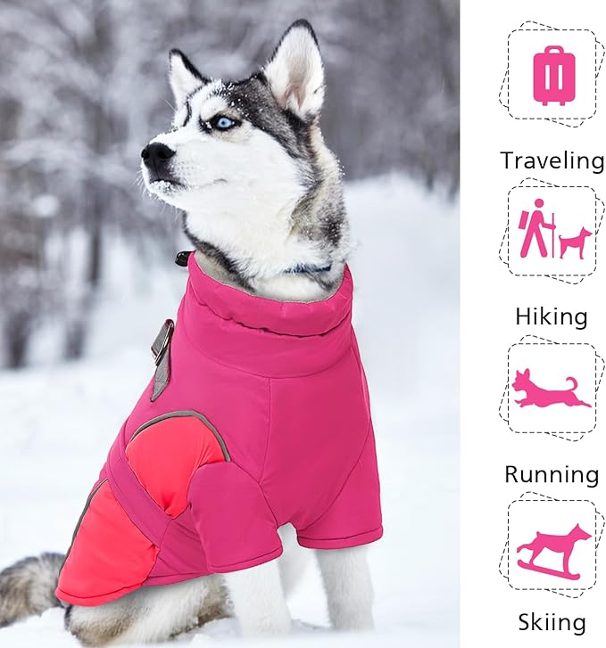 ROZKITCH Dog Winter Coat, Dog Coat for Autumn Winter with Turtleneck, Pet Clothes with Adjustable Waist Strap, Soft Warm Pet Clothing with Reflective Strip for Small Medium Large Dogs Rose Red XL