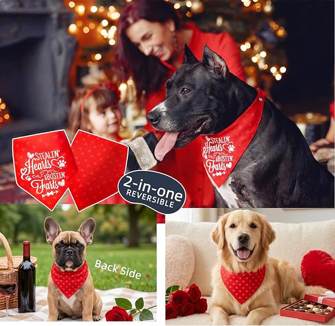 Valentine's Day Dog Bandanas - Reversible Cute Lettering & Heart Pattern 2-in-1 Valentine Holiday Costume Pet Scarf, 1pack Snap Button Bandana for Small & Medium Breed (5-30lbs)
