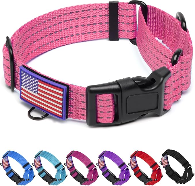 Martingale Dog Collar, Reflective No Pull Training Collar with Quick Release Buckle & USA Flag, Heavy-Duty Nylon, Adjustable for Small Medium Large Dogs (M,Pink with Flag