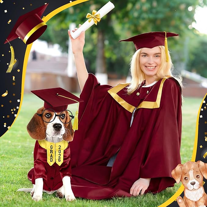 5 Pcs Dog Graduation Costume Set Include 2026 Pet Graduation Gown with Stole Puppy Grad Cap Lensless Glasses DIY Letter Stickers for Dogs Cats Holiday Costume Accessory(Maroon Yellow,XXL)