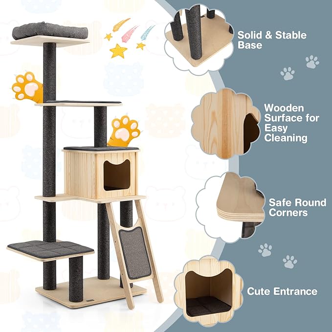 Tangkula Tall Cat Tree, 69 Inch 5-Tier Wood Cat Tower with Scratching Sisal Posts, Top Perch, Cute Cat Condo, Modern Cat Tree with Washable Cushions for Indoor Cats Large Adult (Grey)