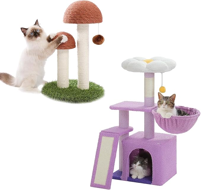 PETEPELA Flower Cat Tree for Indoor Cats, 31.5'' Small Cat Tower Cat Condo with Sisal Scratching Ramp+ Cat Scratching Post, Mushroom Tall Cat Scratcher Featuring with Natural Sisal Scratching Poles