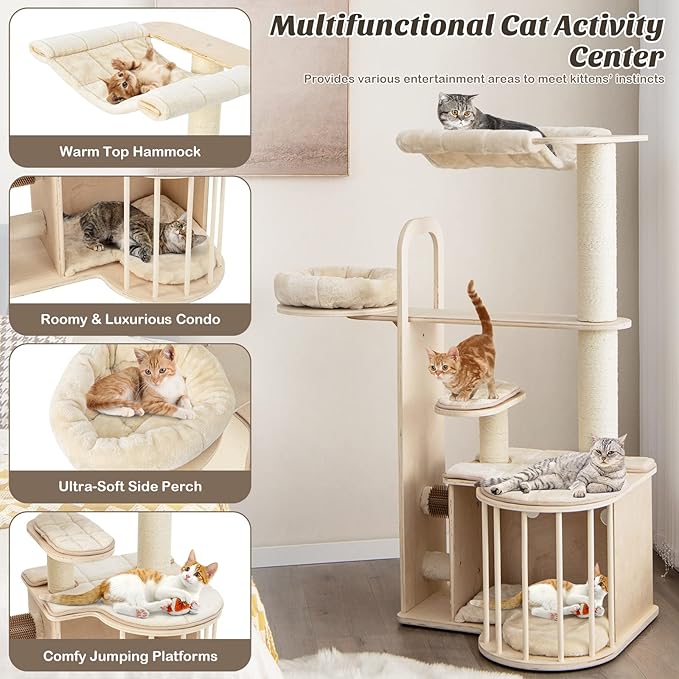 PETSITE 55" Tall Cat Tree, Multi-Layer Wooden Cat Tower with Hammock, Condo, Plush Perch, Self Groomer, Scratching Posts, Cat Climbing Stand Activity Center Furniture for Kitten & Adult Cats