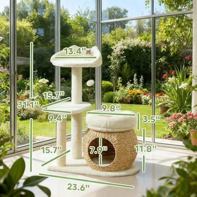 Stylish Cat Tree Tower with Sisal Scratching Posts, Cozy Condo, and Plush Perches for Climbing, Resting, and Play (Cream White + Cotton + Particle Board + Velvet)