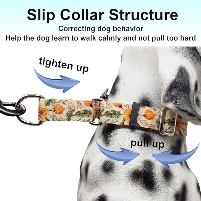 Martingale Collar for Dogs with Buckle Anti Pull Adjustable Nylon Limited Slip Training Dog Collars (Beige Floral, Medium)