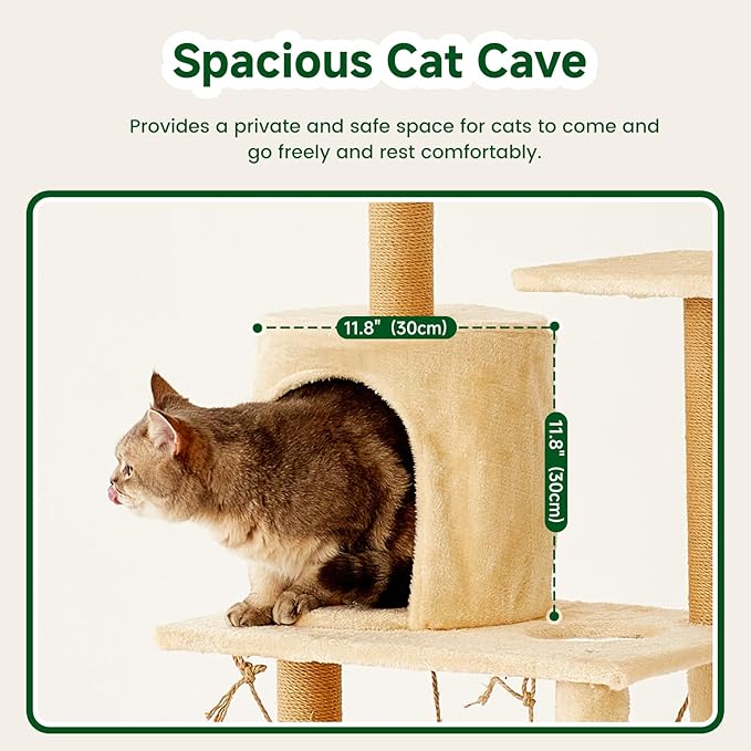 Deluxe Cat Tree Tower, 132cm Multi-Level Climbing Structure with Condo, Hammocks, Platforms, Beige Plush, Indoor Activity Center