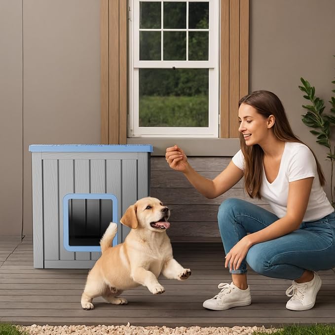 Dog House Small Dog Houses Outdoor with Sloped Roof Waterproof Ventilated Design Easy to Clean Elevated Floor Easy Assembly for Middle Sized Dogs(Blue 24.65"*21.5"*22.21")