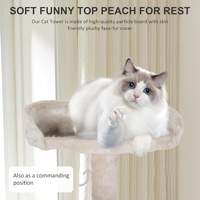 62" Multi-Level Cat Tree Tower with Scratching Posts, Toys & Condo,Compact Floor Footprint & Vertical Space for Multi-Cat HomesSpace-Saving Design for Indoor Kittens-Beige