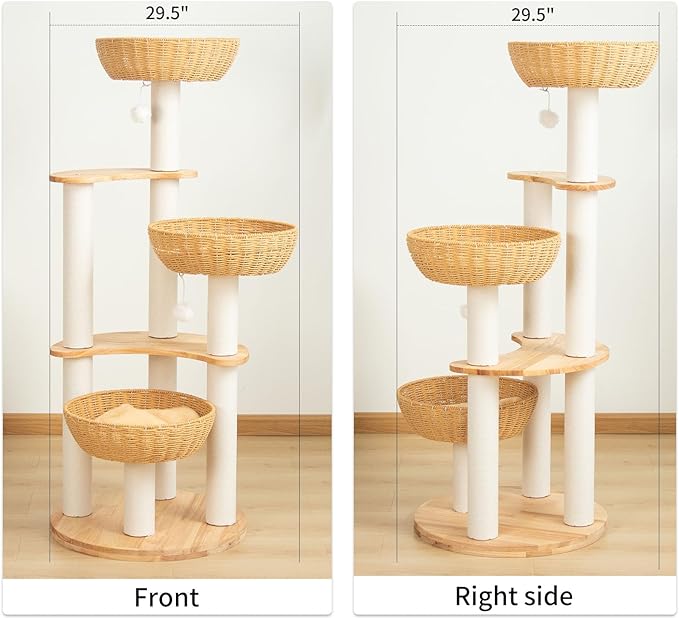 Modern Cat Tree for Large Cats, Wood Cat Tower 3 Condo Perch Heavy DutyBase with Cotton Scratch Post for Indoor Big Cats (90755)