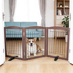 Dog Fence Indoor,Dog Gate Indoor for Doorway pet gate -3-Panel Freestanding, Hallways, House or Stairs -60x24-Inch Retractable Foldable Expandable Wood Pet by SFJC (Brown) ﻿