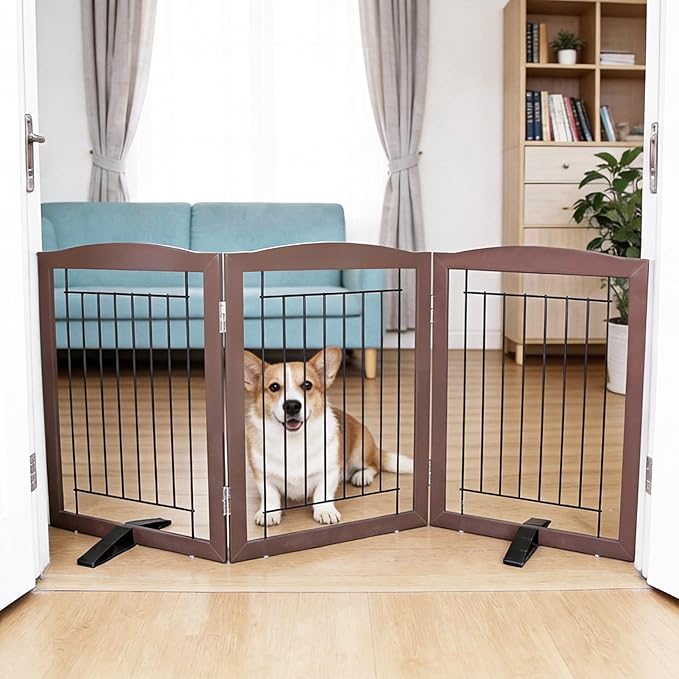 Dog Fence Indoor,Dog Gate Indoor for Doorway pet gate -3-Panel Freestanding, Hallways, House or Stairs -60x24-Inch Retractable Foldable Expandable Wood Pet by SFJC (Brown) ﻿