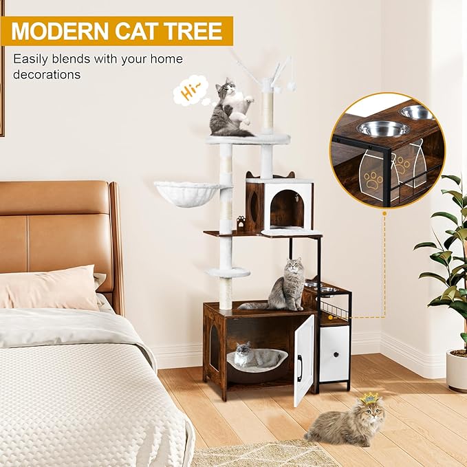 Snughome Cat Tree with Litter Box Enclosure, 3-in-1 Modern Cat Tower for Indoor Cats, 67.32’’ Hidden Cat Litter Box Furniture with Cat Condo, Food Station and Hammocks, All-in-one Cat Furniture