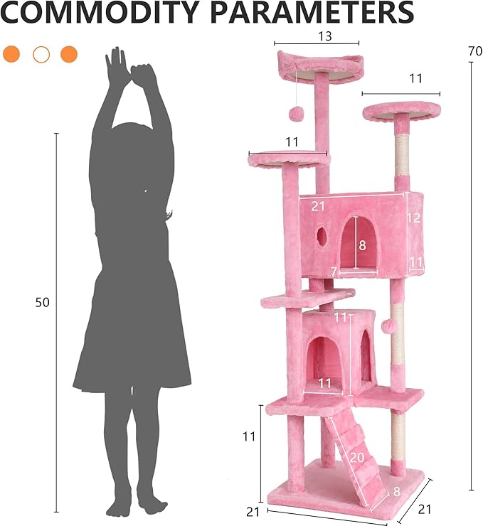 BLKMTY Cat Tree 70" Tall Cats Tower Large Cat Condo Climber Cats Climbing Stand with Top Perches Playhouse and Climbing Ladder Kitty Activity Tree w/Scratching Post Toys, Pink