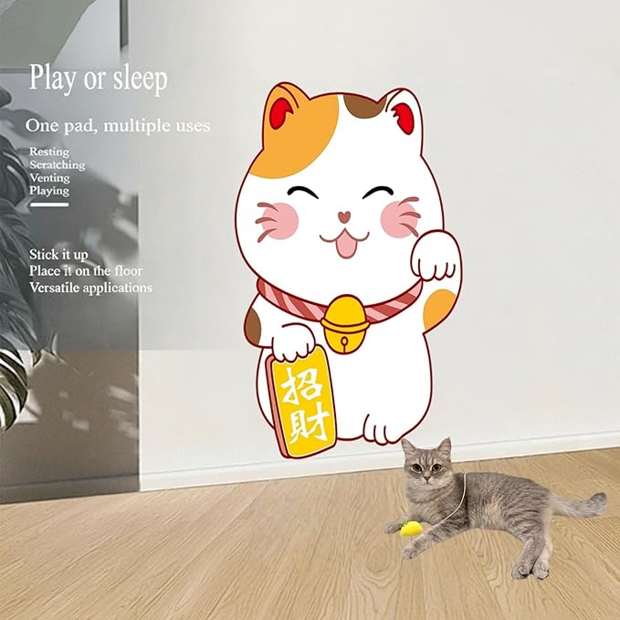 Wall-Mounted Cat Scratcher, 2025 Upgraded Indoor Cat Wall Scratcher — Self-Adhesive Double-Sided Tape, Trimable Scratching Surface, Suitable for Walls/Sofas/Floors (IncludesToy) (Lucky Cat)