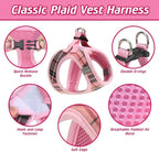 EXPAWLORER Classic Plaid Puppy Harness - Small Dog Harness and Leash Set - Dog Collar and Leash Set with AirTag Holder, Soft Padded Step in Dog Vest Harness No Pull Reflective for Outdoor, Pink XS
