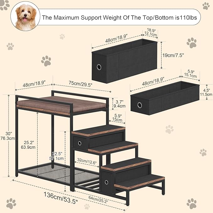Pet Bunk Bed with Removable Stairs and 2 Drawers, Dogs/Cats Window Perch, Dog Window Seat with Soft Cushion, Ultra-Shallow Steps, Sturdy Metal Frame, Non-Slip, Load Capacity 60 LBS