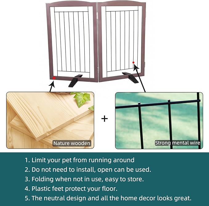 Dog Fence Indoor,Dog Gate Indoor for Doorway pet gate -2-Panel Freestanding, Hallways, House or Stairs -40x32-Inch Retractable Foldable Expandable Wood Pet by SFJC (Brown) ﻿