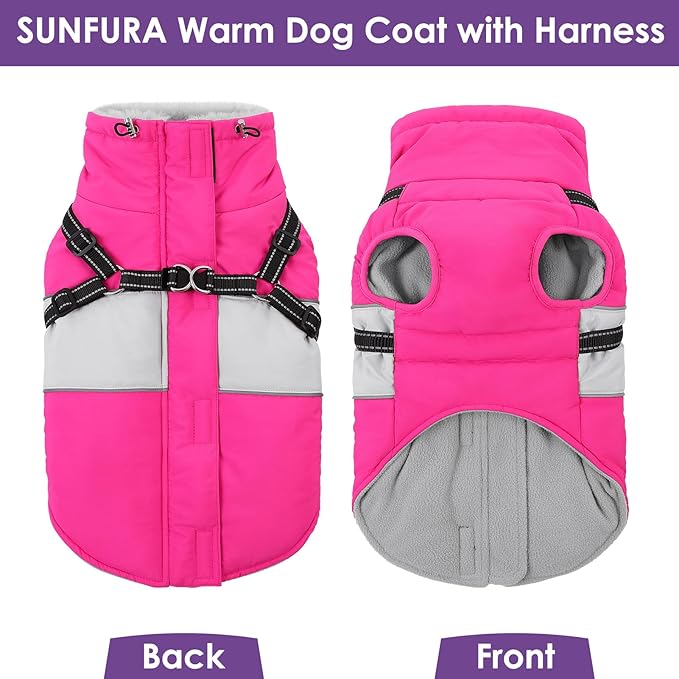 SUNFURA Dog Winter Coat, Waterproof Dog Coat Jacket with Harness for Medium Dogs Boys Girls, Reflective Fleece Lined Pet Snow Jacket Sweaters for Pug, Jack Russel, Boston Terrier, Hot Pink M