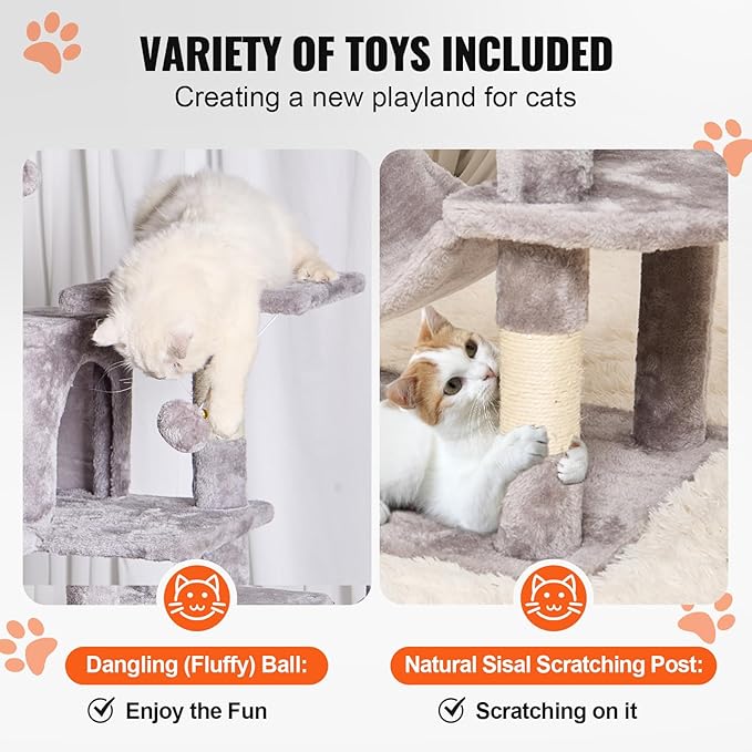 Happybuy Cat Tree for Indoor Cats, 63" Cat Tower with 2 Cat Condos, Sisal Scratching Post, Hammock, Top Perch, Jumping Platforms, Large Cat Furniture Activity Center with Hang Ball, Light Grey