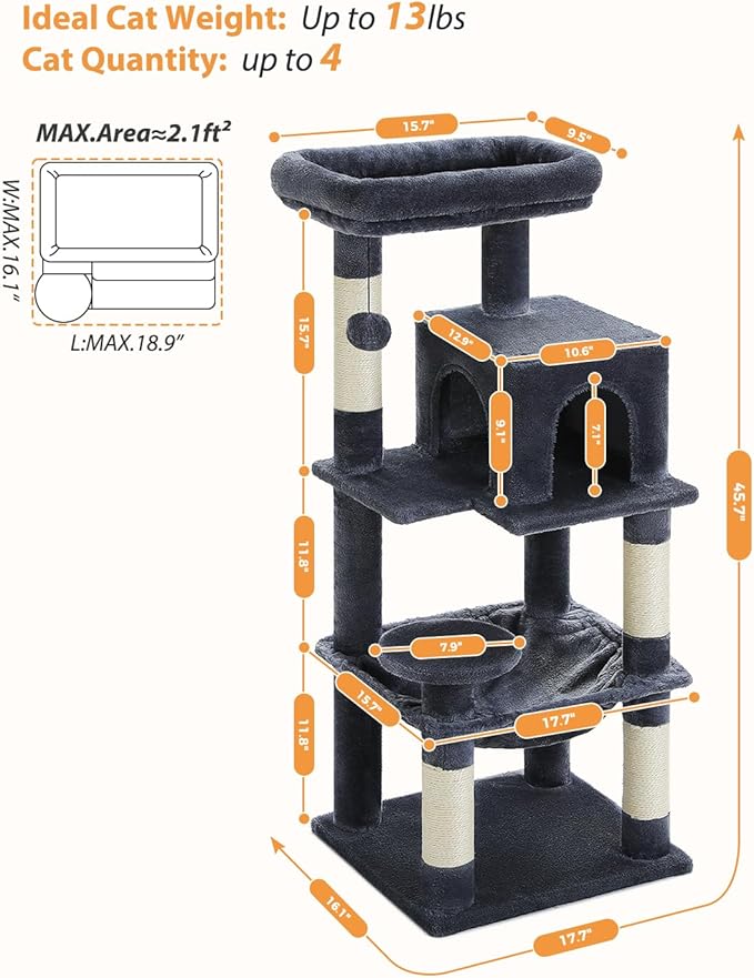 PEQULTI 45.7'' Cat Tree for Indoor Cats with Metal Frame Big Hammock, Cat Tower for Small or Medium Cats with Cat Condo House, with Scratching Posts and Top Perch, Dark Grey