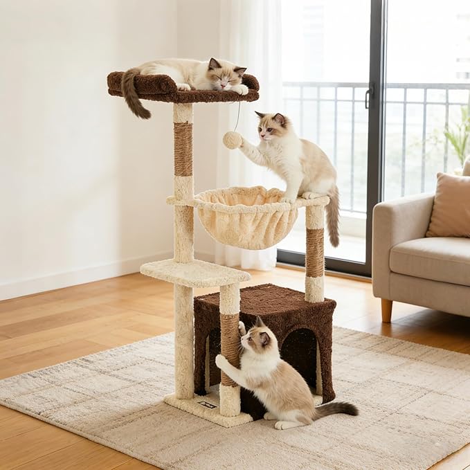 Cat Tree for Indoor Cats, 39.8-inch Cat Tower with 2 Plush Perches for Play & Rest, 1 Cozy Hideaway, Dangling Toy & Full Sisal Scratching Posts for Indoor Cats, Brown