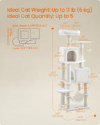 Feandrea Cat Tree, 59.5-Inch Tall Cat Tower, Plush Multi-Level Condo with 5 Scratching Posts, 2 Perches, 2 Caves, Hammock, 2 Pompoms, Cream White UPCT192T01