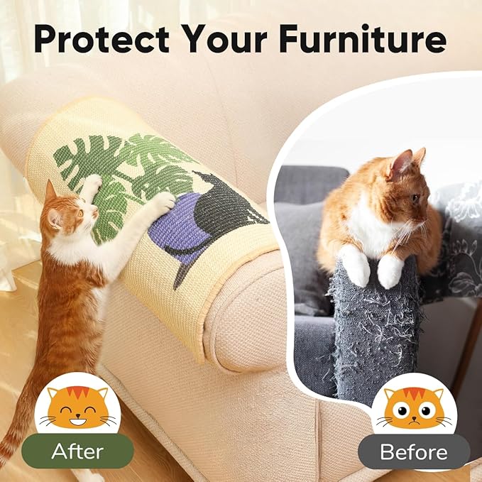 FUKUMARU Sisal Cat Scratching Mat, 23.6 x 15.7 Inch Natural Sisal Cat Scratch Pad Mats for Indoor Cats, Horizontal Cats Wall Scratcher Kitten Floor Rug with Sticky Tapes, Furniture Protector(Monstera)