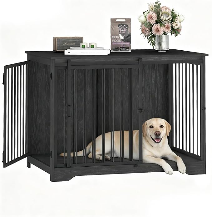 43.3" Dog Crate Furniture with Barn Door, Heavy Duty Dog Kennel Indoor with 2 Doors, Wooden Pet Cage End Table for Large Small Medium Dogs, Anti-Chew Anti-Escape, Black DFC92304B