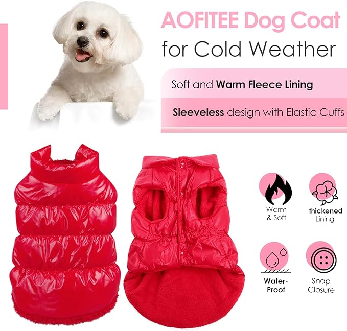 AOFITEE Dog Jacket, Dog Winter Coat, Warm Dogs Coat, Fleece Dogs Puffer Jacket, Windproof Waterproof Pet Snowsuit, Cozy Female Male Pet Snow Jackets Fleece Vest with Snap Closure, Christmas Red, XL