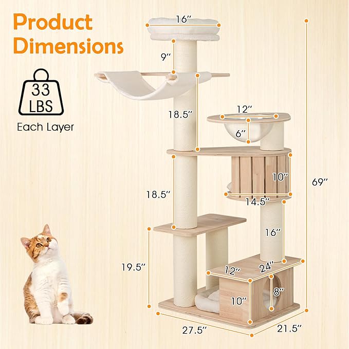 PETSITE 69 Inch Tall Wood Cat Tree, Multi-Level Modern Cat Tower with 5.7 inch Scratching Posts, Double Cat Condos, Space Capsule, Hammock, Large Wooden Cat Tree Tower for Indoor Cats, Natural