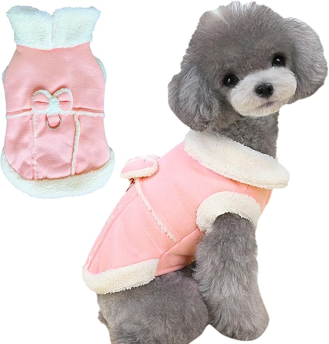 Jecikelon Bowtie Dog Cold Weather Coat Fleece Lining Warm Pet Puppy Turtleneck Dogs Winter Coats for Small Dogs Jacket with D-Ring Leash (Small, Pink)