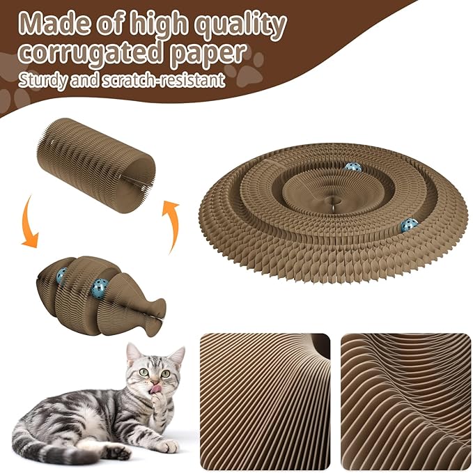 Kitty kurlz Magic Organ Cat Scratching Board with 2 Bell Ball,Foldable Accordion Kitty Curls Cat Scratcher,Corrugated Cardboard Scratching Pad,Blue Big Fish