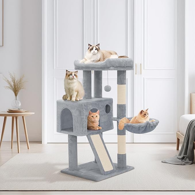 36 Inch Cat Tower for Indoor Cats, Multi Level Cat Condo with Scratching Post, Ramp, Plush Perch, Cat Cave, Basket, Cat Activity Center w/Ball for Small Space, Light Gray