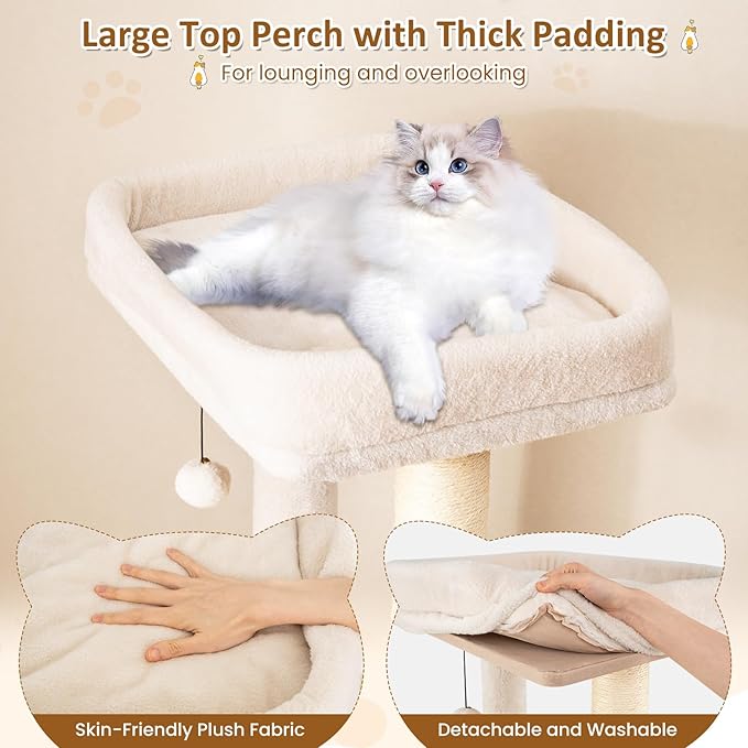 63" Tall Wooden Cat Tree, Indoor Kitten Tower with 2-Story Condo, Plush Padded Top Perch, Sisal Scratching Posts & Mat, Dangling Ball, Multi-Level Climbing Stand, Modern Indoor Pet Furniture