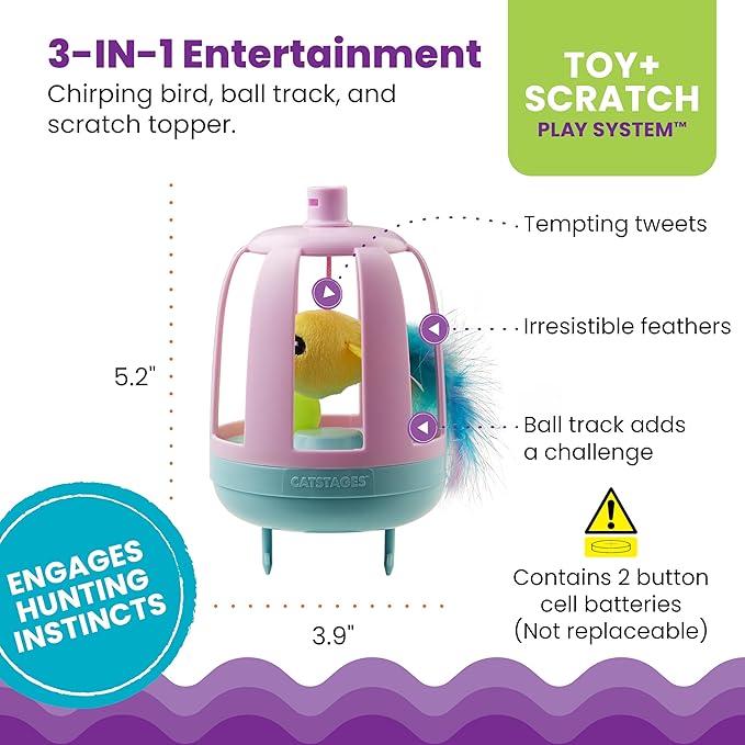 Catstages Two-in-One Chirping Bird Cat Toy with Ball Track for Corrugate Cat Scratcher, Engages Hunting Instincts, Purple