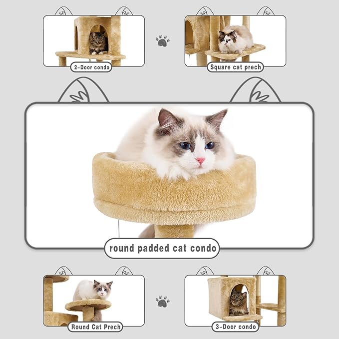 57.8" Large Cat Tree for Indoor Cat, Tall Cat Tower for Cat Adult, Durable Stable Multi-Level Cat Furniture, with Cat Condos, Cat Beds, Sisal Cat Scratching Posts, Hanging Pompoms (Beige)