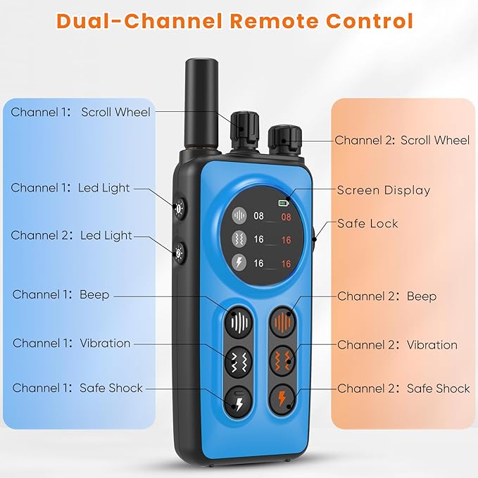Dog Shock Collar 2 Dogs, 3300ft Dog Training Collar with Remote, Real-time Dual-Channel Remote with 3 Training Modes, Beep, Vibration, Safety Shock, Light, Fits 8-120 lbs All Breeds Sizes - Blue